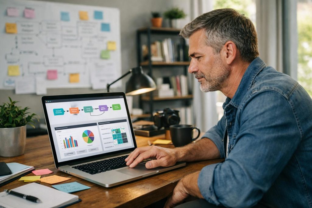 Small Business Automation: An Irish Guide Irish small business owner reviewing an automated business workflow on a laptop